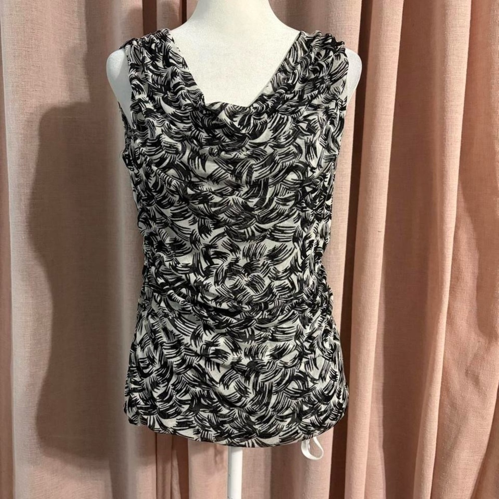Cable & Gauge y2k mesh abstract print cowl neck top